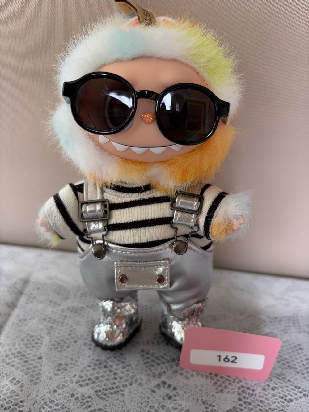 162,4 pieces Outfit for Labubu doll W/Silver overalls,stripe T-shirt,( No Doll)
